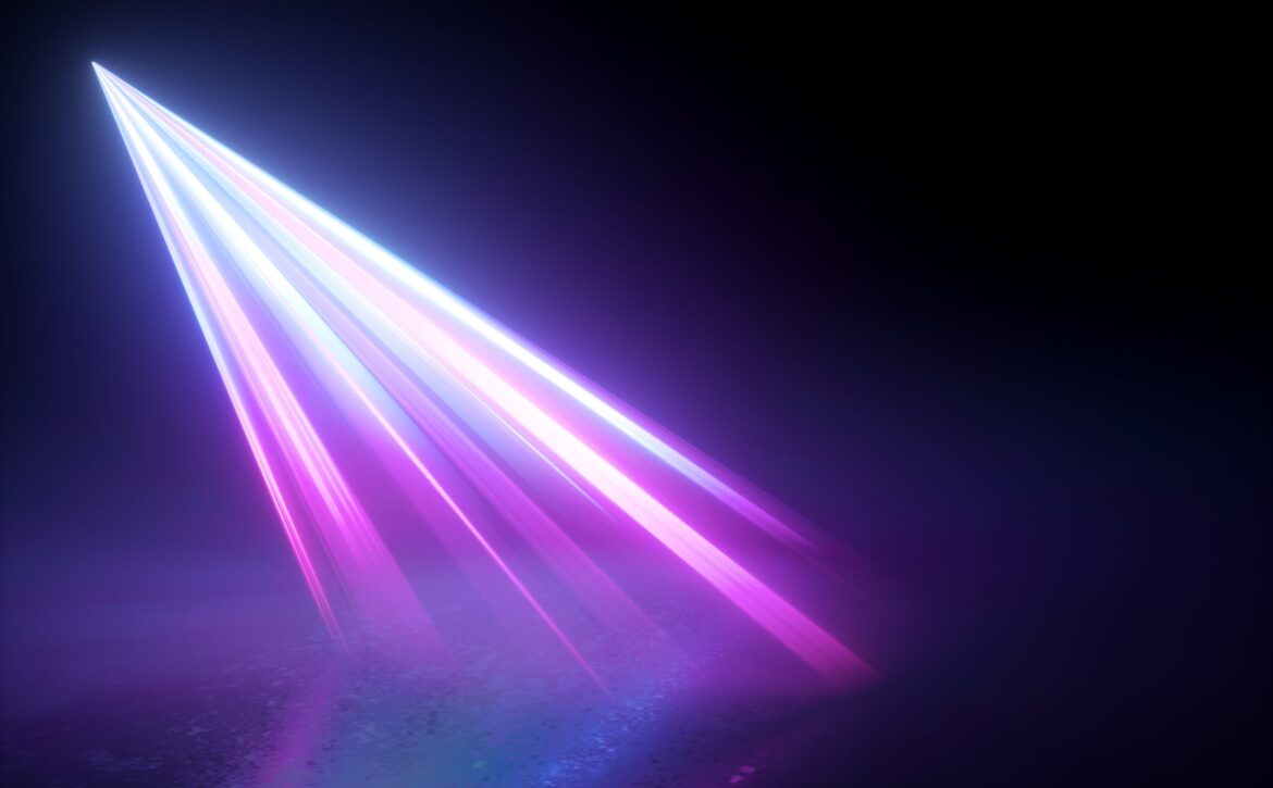 3d render, abstract neon background. Dramatic stage lighting. Purple rays beam light on the floor. Isolated spotlight. Bright projector shining inside empty room. Searchlight in the dark