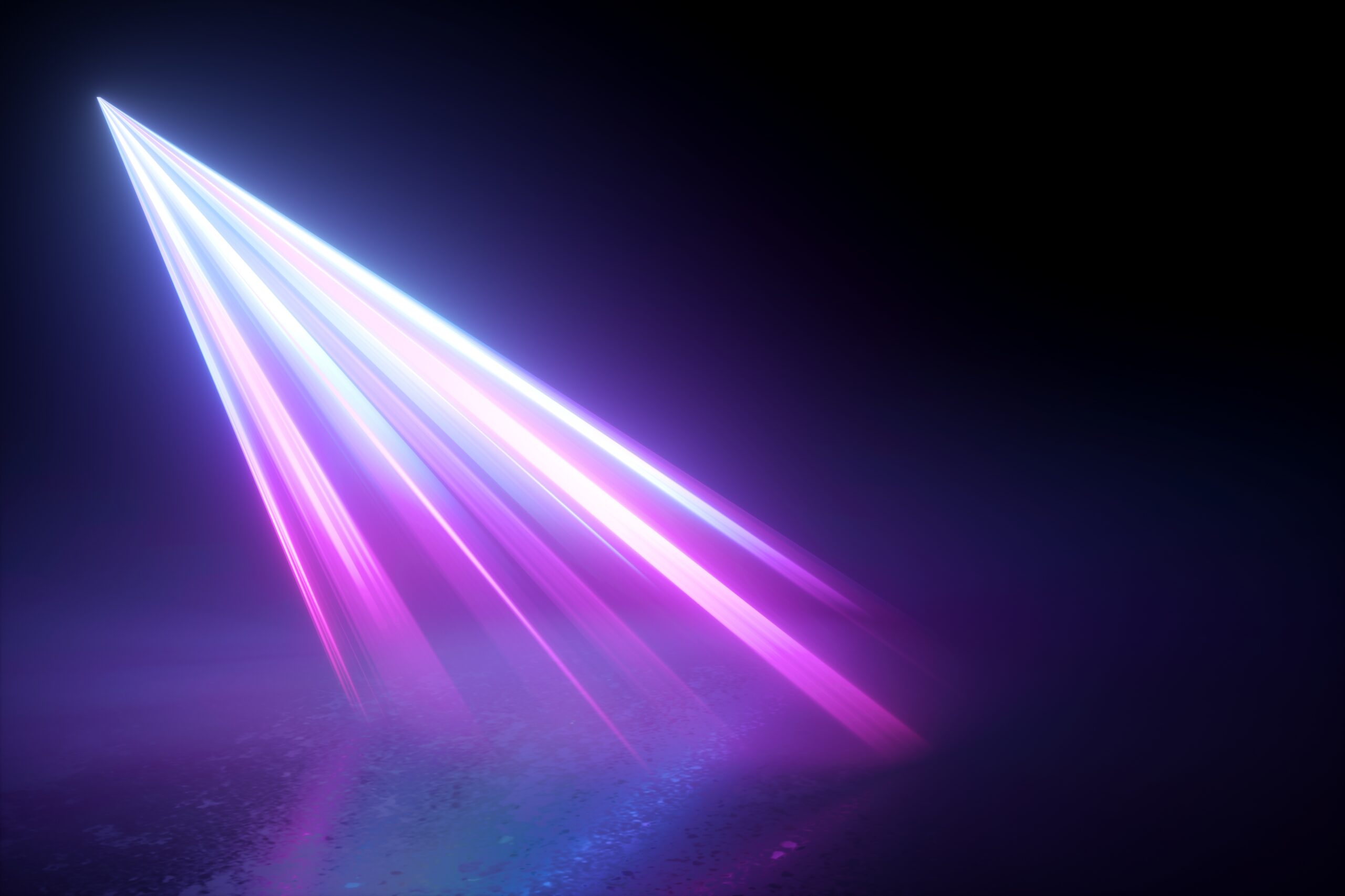 3d render, abstract neon background. Dramatic stage lighting. Purple rays beam light on the floor. Isolated spotlight. Bright projector shining inside empty room. Searchlight in the dark